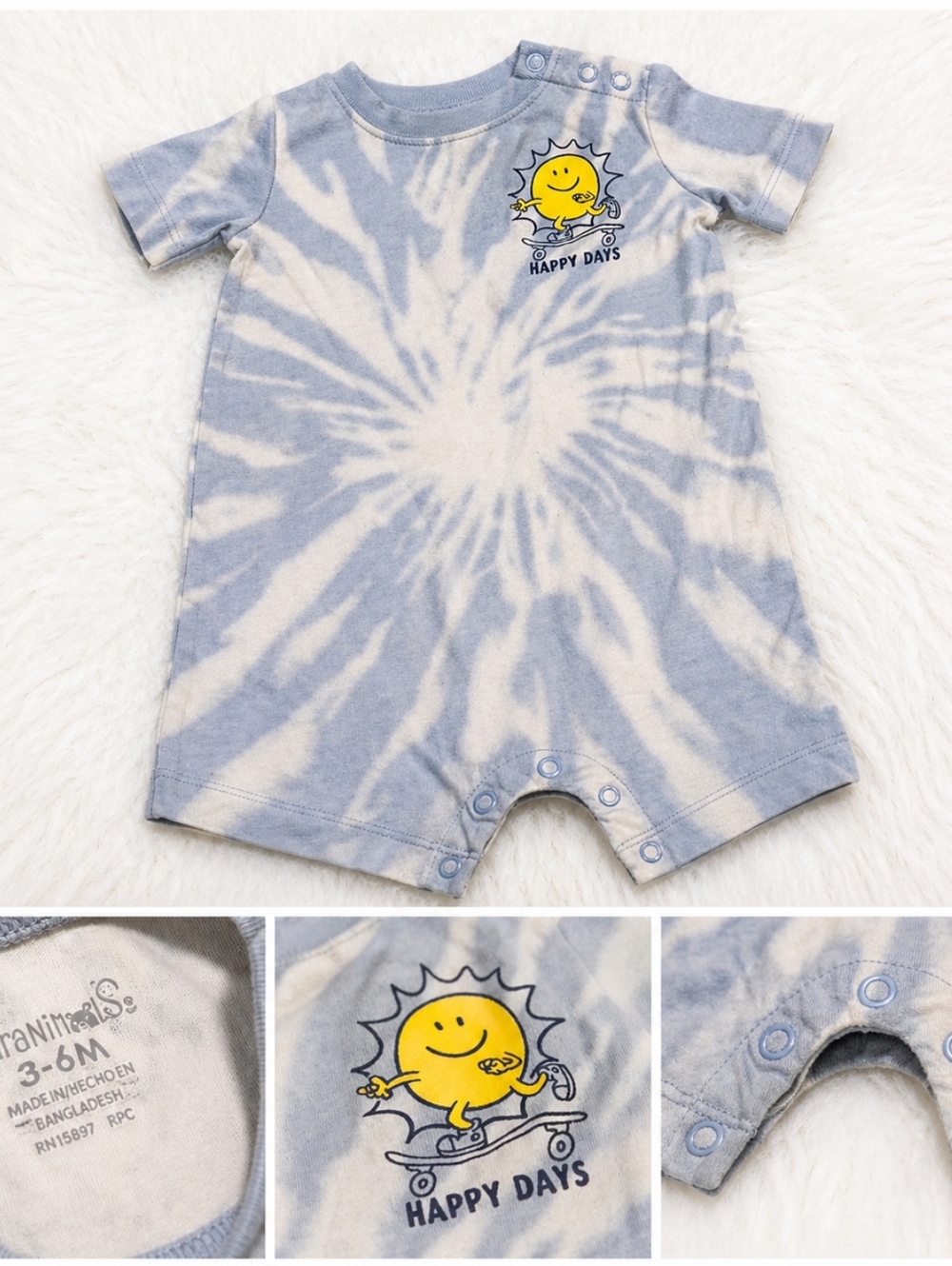 Garanimals Light Blue and White Tie-Dye "Happy Days" Baby One-Piece
